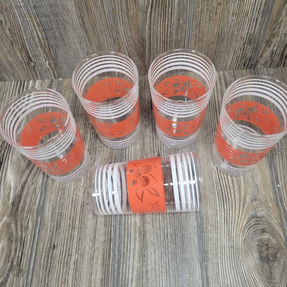 5 Retro Glass Tumblers, Red Fruit Band, White Stripes - Picture 3 of 5